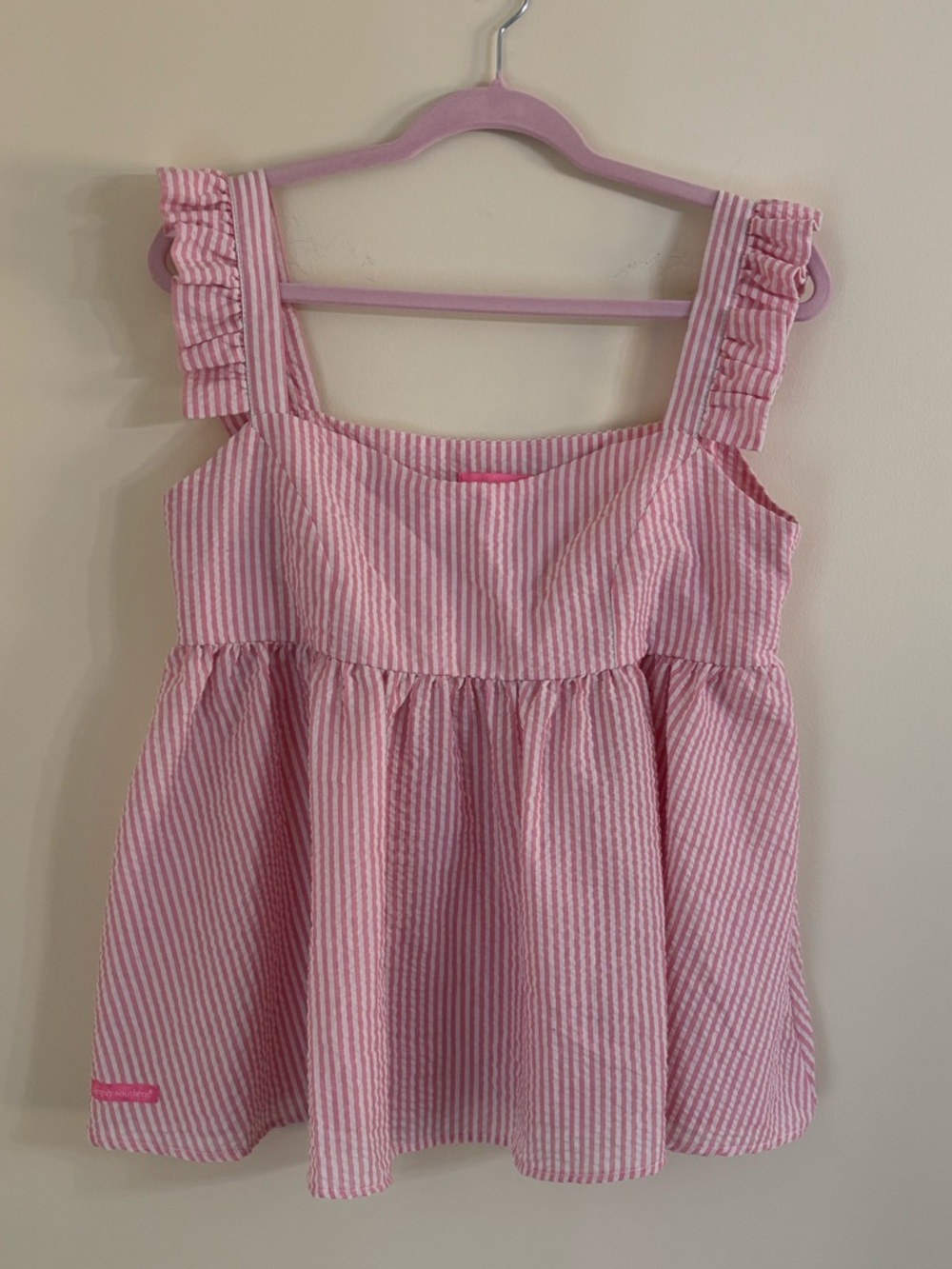 Simply Southern Seersucker Babydoll Pink and White Striped Top Size M